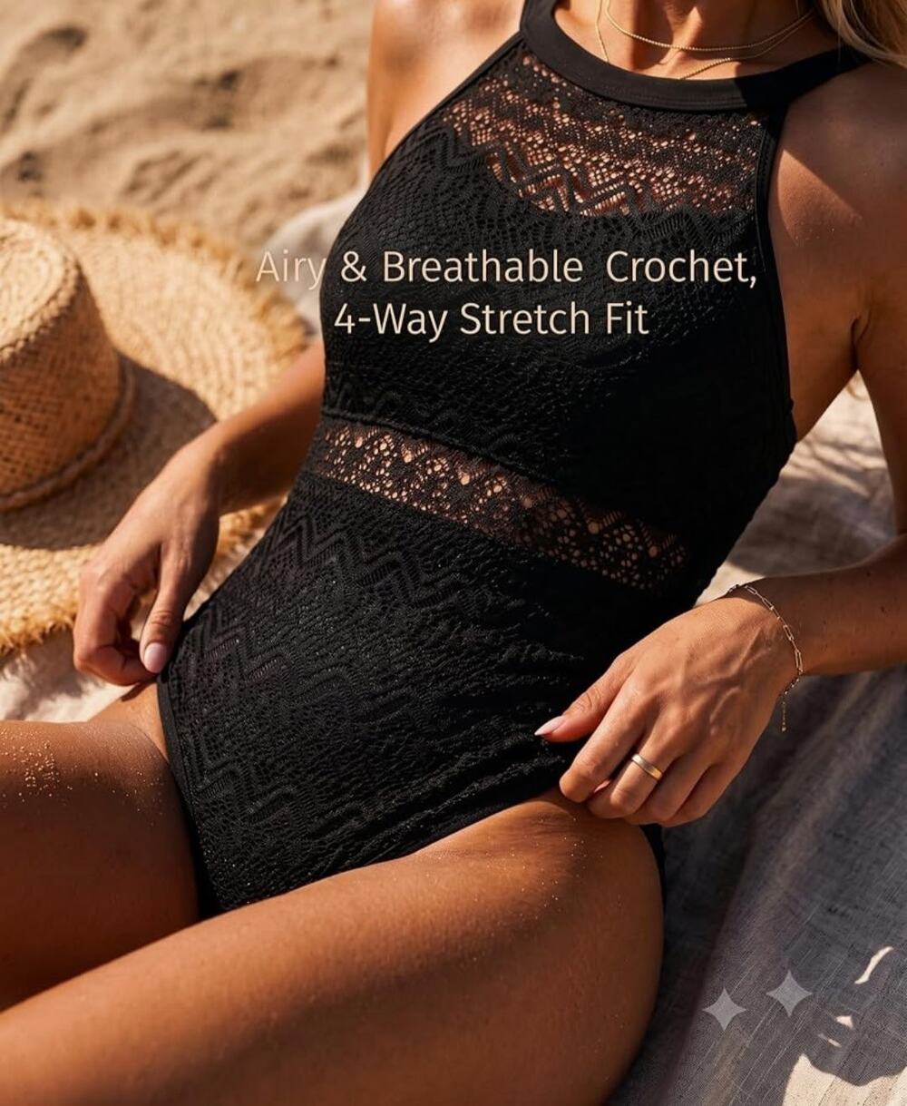 ◇86 MSRP $46 NWT HOLIPICK BLACK CROCHET HIGH NECK TUMMY CNTRL ONE PIECE ♡SIZE M♡